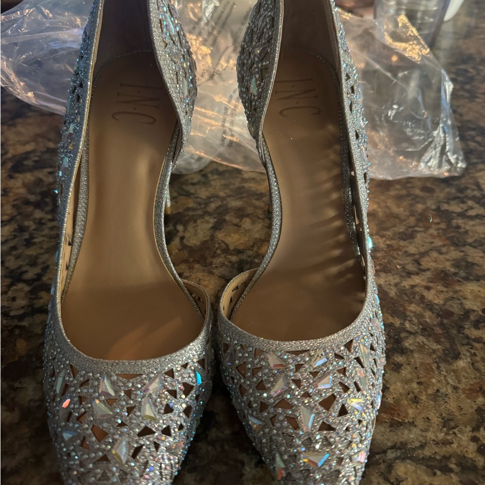 INC International Concepts Silver Heels with Ornate Detailing